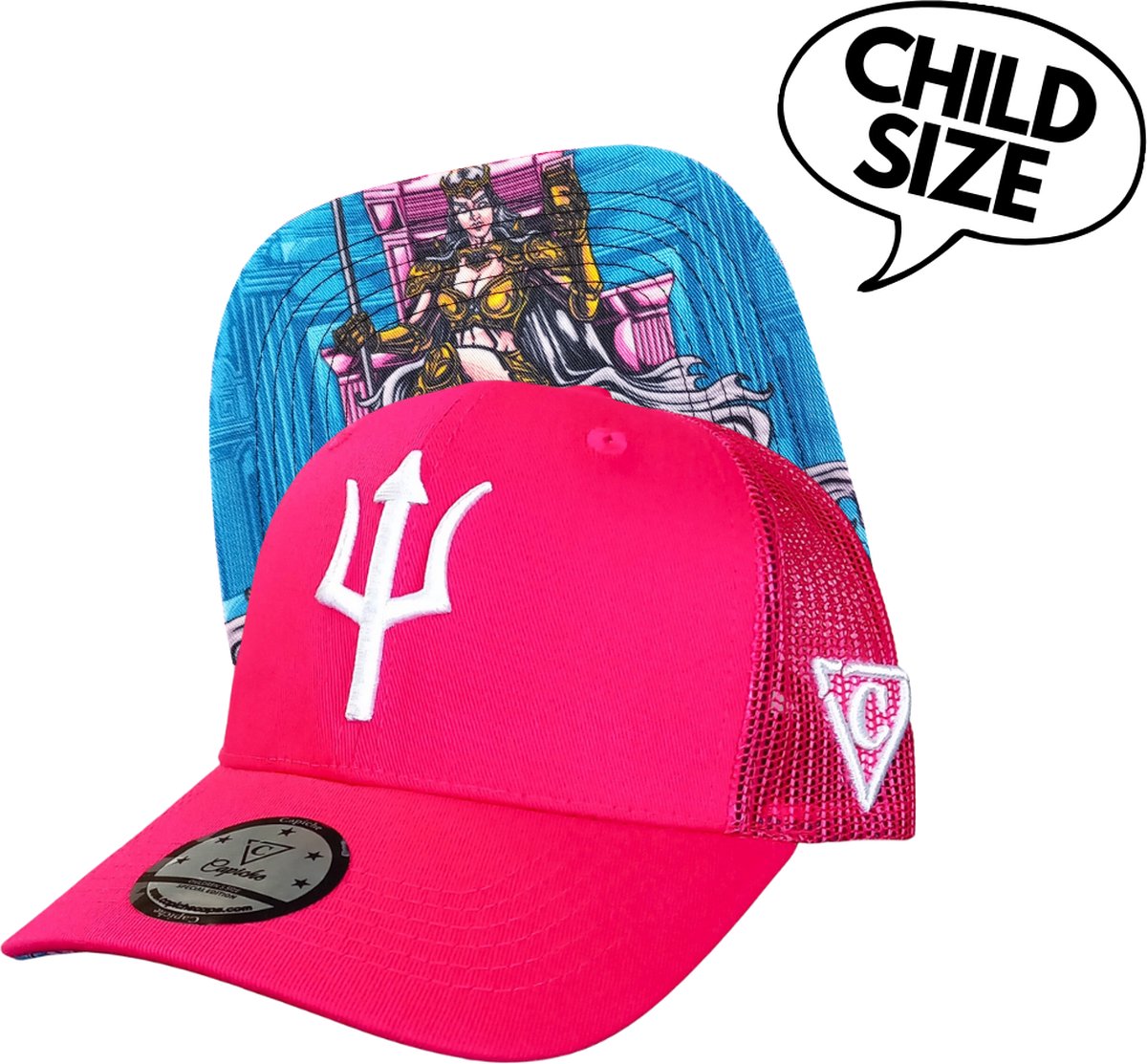 Capiche® Trucker Kinder Pet – Hera – Knalroze & Roze Mesh – Verstelbaar met Druksluiting – Sportcap – Baseball Cap – Griekse Mythologie – Kindermaat