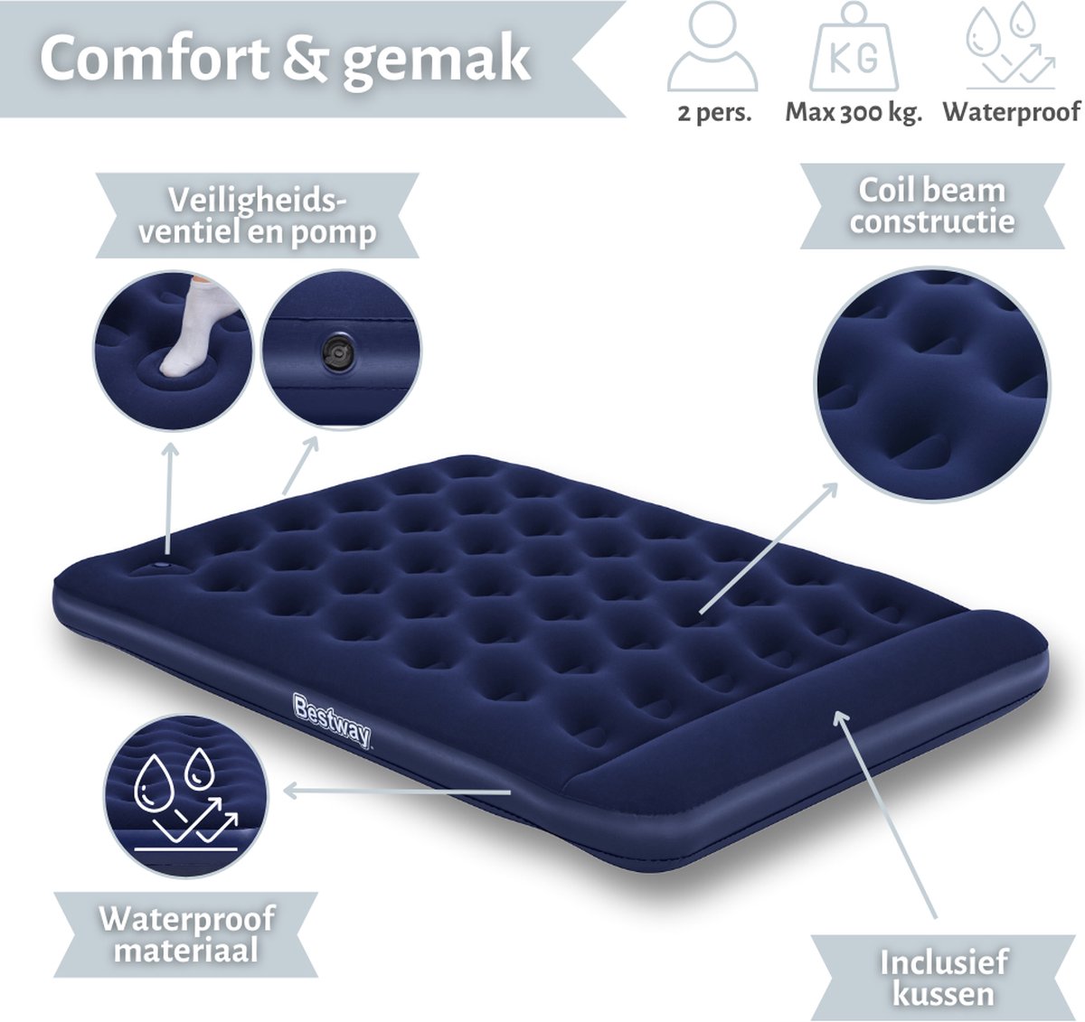 Bestway luchtbed - 2-Persoons - 152x203x28 cm (BxLxH) - Blauw - Met ingebouwde voetpomp