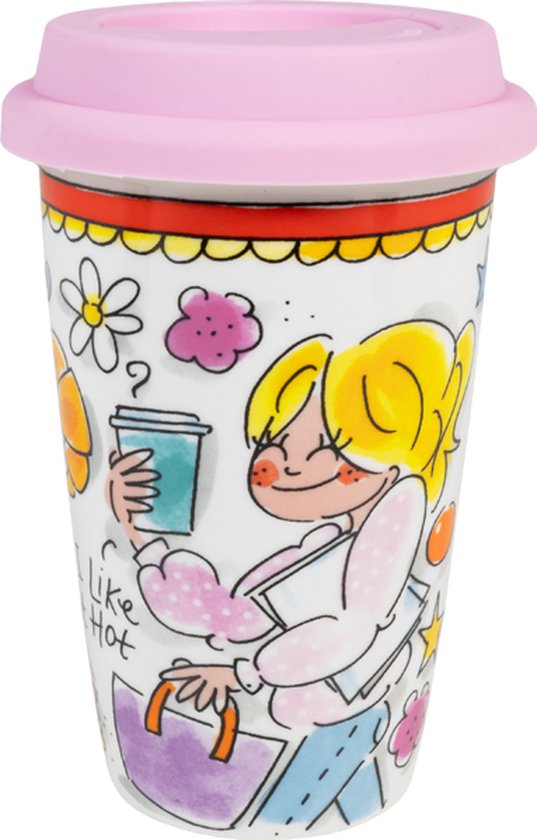 Tasse à emporter Blond Amsterdam 'Sweet Life' avec illustration d'une fille joyeuse aux couettes blondes et le texte 'I Like Sweet Life'.