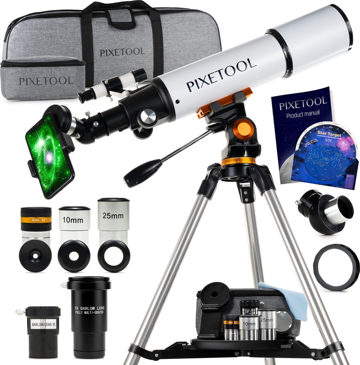 Pixetool Telescoop - 625x Vergroting - Sterrenkijker Volwassenen / Gevorderden - Inclusief Statief en Draagtas - 50080 - Pixetool