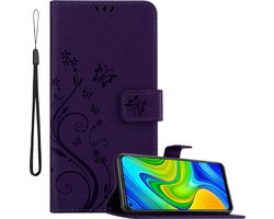 Cadorabo Hoesje geschikt voor Xiaomi RedMi NOTE 9 in BLOEMEN DONKER PAARS - Beschermhoes in bloemmotief met magnetische sluiting, standfunctie en kaartsleuven Book Case Cover Etui