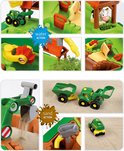 Collage van de John Deere boerderij speeltafel: close-ups van water- en zandacties met tractoren en dieren.