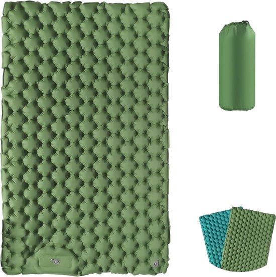 Foto: Camping slaapmat 2 personen zelfopblazend luchtmatras outdoor campingmat slaapmat opvouwbaar ultralicht luchtbed opblaasbaar bed campingmat met voetpomp voor strandtent wandelen groen