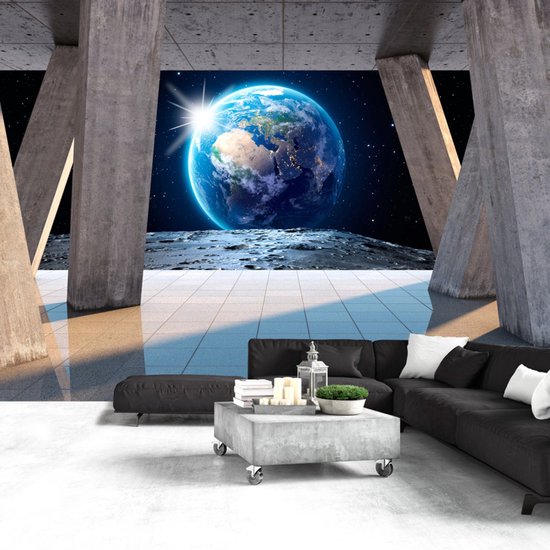 Fotobehangkoning - Behang - Vliesbehang - Fotobehang Uitzicht op Planeet Aarde vanaf de Maan 3D - 100 x 70 cm