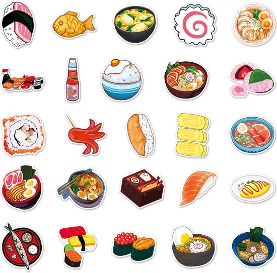 Autocollants Sushi & Nouilles - mix 50 pièces - Thema: Plats japonais/Cuisine asiatique - 5x6CM