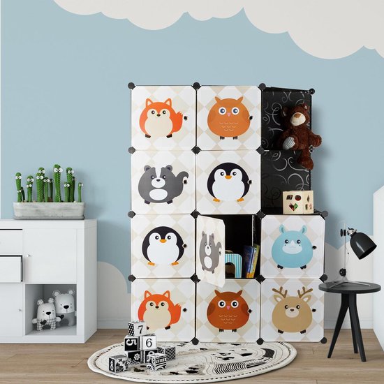 kinderkamer kast met diermotieven - kunststof - steeksysteem - deuren - kledingkast - roede - kleurrijk