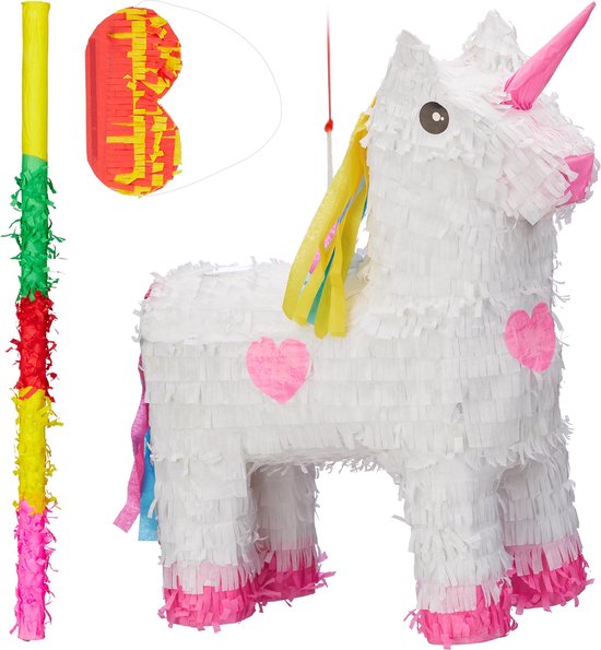 Foto: Relaxdays 3 delige pinata set eenhoorn pinatastok blinddoek volledige set unicorn