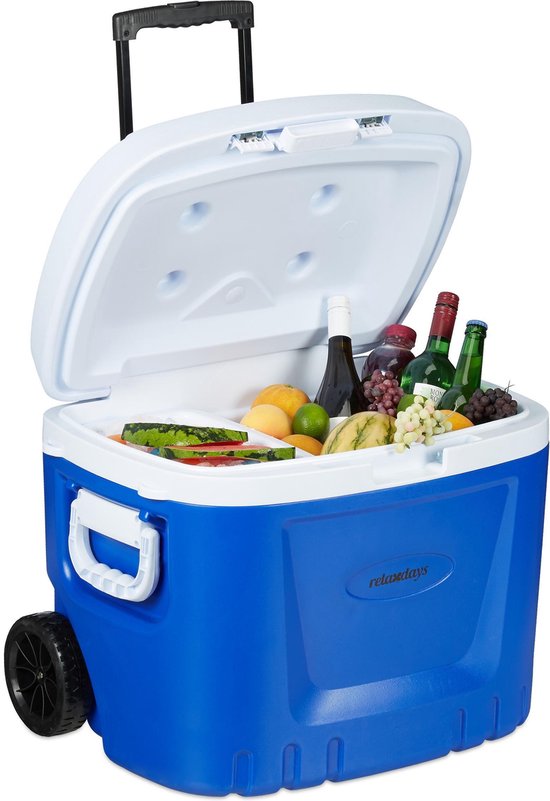 relaxdays koelbox op wielen - 50 l - draagbaar - camping - frigobox -  handvat - blauw /wit | bol.com