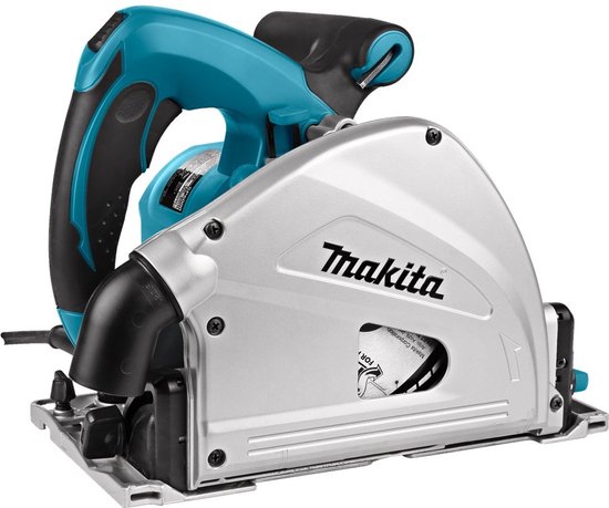 Makita invalcirkelzaag met zilverkleurige beschermkap en blauwe handgreep, zijaanzicht.