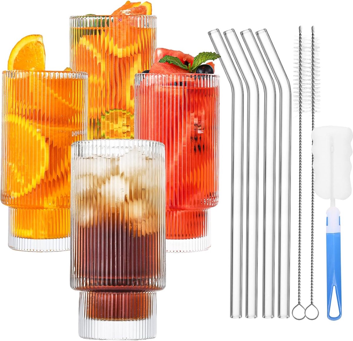 4-delige cocktailglazen geribbelde glazen 350 ml glas met rietje en bekerborstel vintage glas geribbelde cupvoor cocktails water sap mojito longdrinkglazen ijskoffie Ribbed