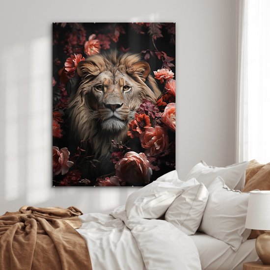 MuchoWow® Glasschilderij 90x120 cm - Schilderij acrylglas - Leeuw - Dier - Natuur - Botanisch - Bloemen - Roze - Foto op glas - Muurdecoratie woonkamer - Wanddecoratie slaapkamer - Schilderijen