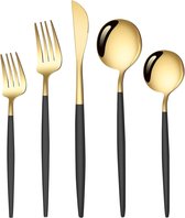 Bestek, zwart en goud, 30-delig, roestvrij staal, bestekset voor 6 personen, stalen roestvrijstalen messen en vorken, set met lepel, mes, vork, gepolijst reis-bestek (zwart en goud)