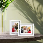 Set van 2 360° draaibare fotolijsten 10x15 cm met dubbel glas, witte fotolijst houten lijst voor verticale of horizontale weergave op tafel
