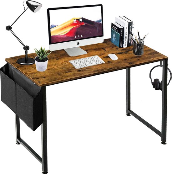 Small Computer Desk, Work Table for Small Spaces, Home Office, 39" Rustic Writing Hollows, with Storage Bag, Brown