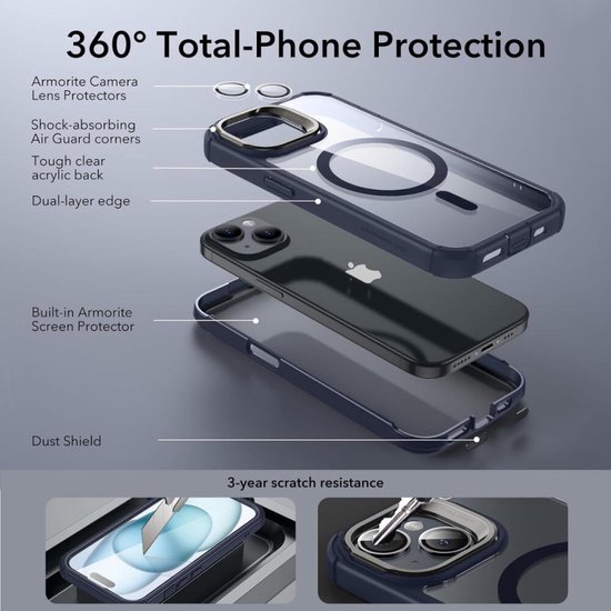 Coque ESR Armor Tough HaloLock adaptée à Apple iPhone 15 | Compatible avec MagSafe | avec béquille de rangement | Protection complète | Protection Extra de la caméra | Bleu transparent