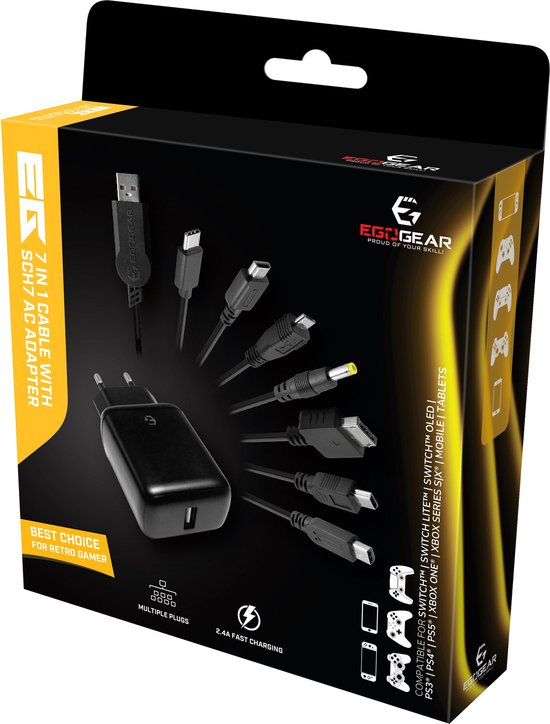 EgoGear - SCH7 - Câble de charge 7 en 1 avec chargeur rapide Euro USB pour consoles, manettes, mobile et tablettes