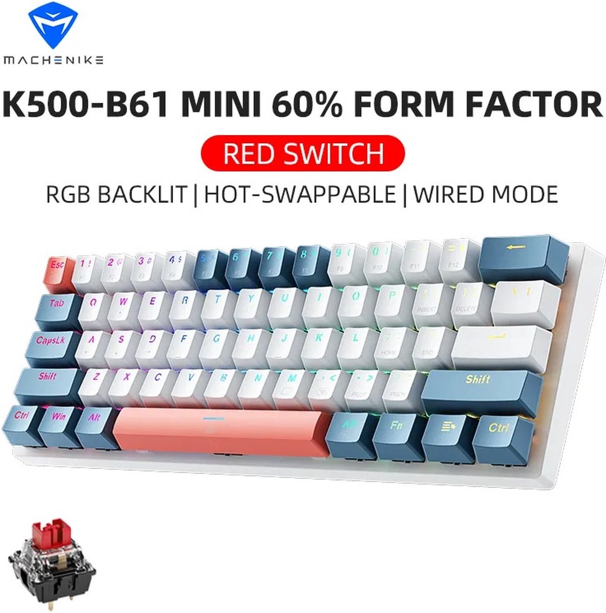 Machenike K500-B61 - Mini Mechanische Keyboard - 60% Vormfactor 61 Toetsen - Gaming Keyboard - Toetsenbord met Rgb verlichting - Bedraad met usb-c