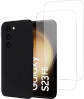 Hoesje + 2x Screenprotector geschikt voor Samsung Galaxy S23 FE – Tempered Glass - Liquid Back Case Cover Zwart