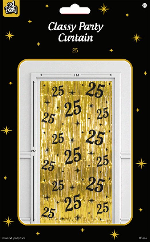 Verpakking van een gouden franje deurgordijn met '25' en sterren, met de tekst 'Classy Party Curtain'.