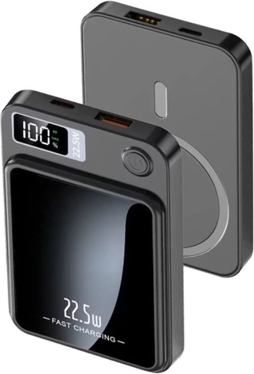 LTMT® - Draadloze Powerbank - Zwart - 10000 mAh (MagSafe 15 watt) – Klein Meeneem formaat - Magnetisch & Draadloos – Voor iPhone, Samsung en Huawei – Draadloze Oplader Batterij