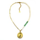 Ketting Pearls and Jade with Luxury Coin Goud | 18 karaat gouden plating | Staal - 38 cm + 5 cm extra | Buddha Ibiza