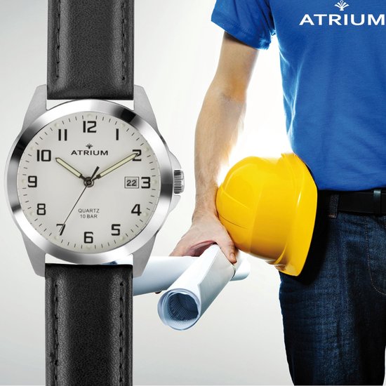 Montre ATRIUM - Homme - Couleur Argent - 10 bar - Cuir Zwart (16,5 à 21,5 cm) - Cadran Wit - Date - Acier inoxydable - A16-10
