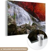 MuchoWow® Glasschilderij 150x100 cm - Schilderij acrylglas - Waterval - Rotsen - Water - Herfst - Foto op glas - Schilderijen