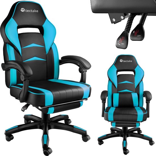 tectake® - bureaustoel gamingchair - luxe burostoel kantoorstoel - racingstoel burostoel gamestoel Comodo - zwart/azuurblauw - met voetensteun