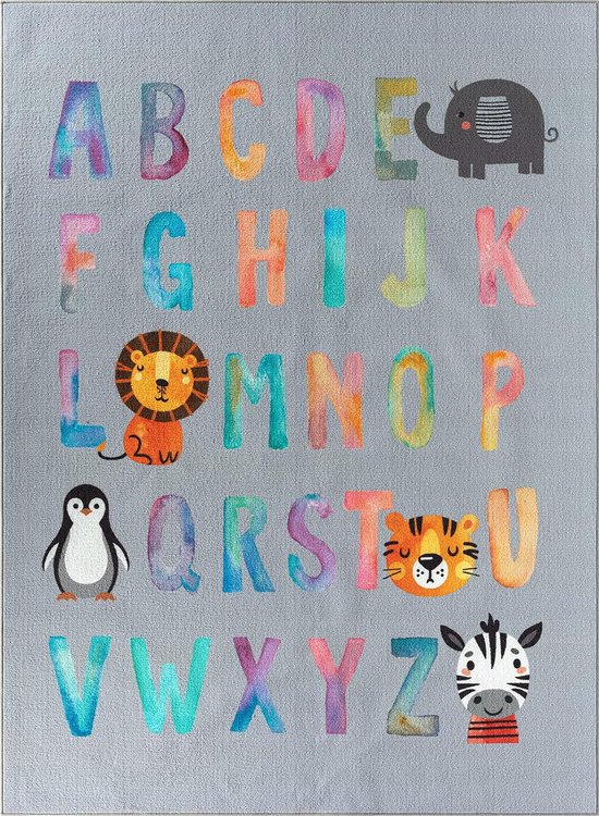 Vloerkleed kinderkamer - Grijs - 200x290 cm - Afwasbaar - Antislip - Vloerkleed voor jongens en meisjes met alfabet en dieren - Happy Life by the carpet