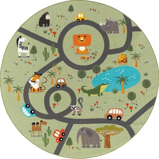 le tapis Chambre d'enfant Happy Life , tapis pour enfants, tapis de jeu, lavable, tapis de rue, rue, jungle, animaux, voiture, vert, 200 cm rond