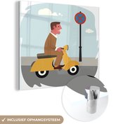 MuchoWow® Glasschilderij 50x50 cm - Schilderij acrylglas - Illustratie van een man op een Vespa - Foto op glas - Schilderijen