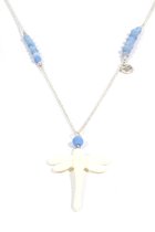 Collier pour femme Heaven Eleven plaqué argent - perles de ciel bleu - libellule en bois de cerf blanc