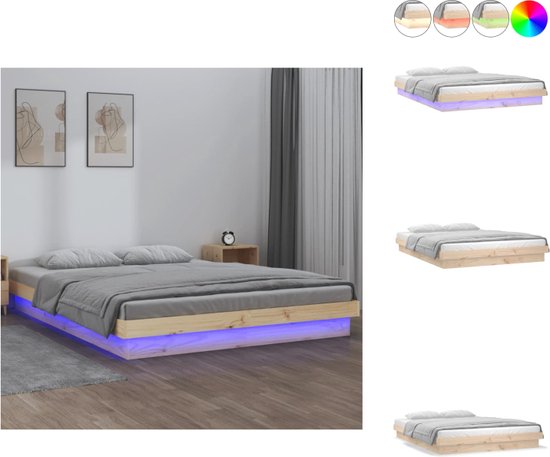 vidaXL Bedframe - LED-verlichting - Massief grenenhout - 194 x 123.5 x 21 cm - 120 x 190 cm (4FT Small Double) - USB-aansluiting - Inclusief LED-strip en afstandsbediening - Bed