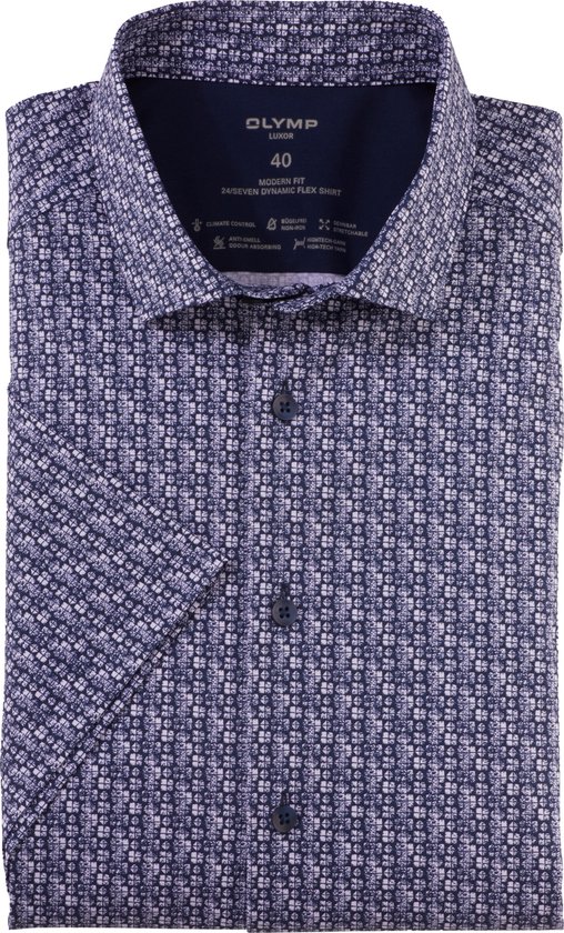 OLYMP Luxor 24/7 modern fit overhemd - korte mouw - popeline - marineblauw dessin - Strijkvrij - Boordmaat: 44