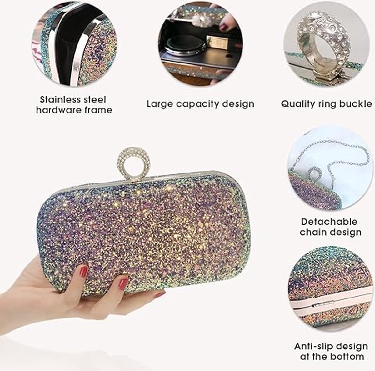 Pochette Soirée Paillettes Or - Sac Main Ou Bandoulière - Pour Mariage, Cérémonie, Fête - 24x15x4cm - Pahajim
