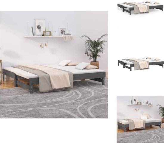 vidaXL Slaapbank Massief Grenenhout - Uitschuifbaar Bed - Gelat Ontwerp - Eenvoudig Gebruik - Grijs - 202.5 x 199 x 33.5 cm - Geschikt voor 100 x 200 cm Matras - vidaXL - Bed