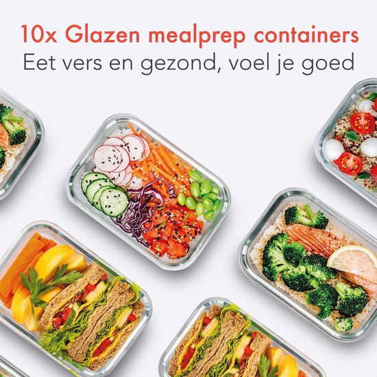 KitchenBrothers Meal Prep Containers - Set de Boîtes de conservation - Hermétique - Sans BPA - 1L - Glas - 10 Pièces