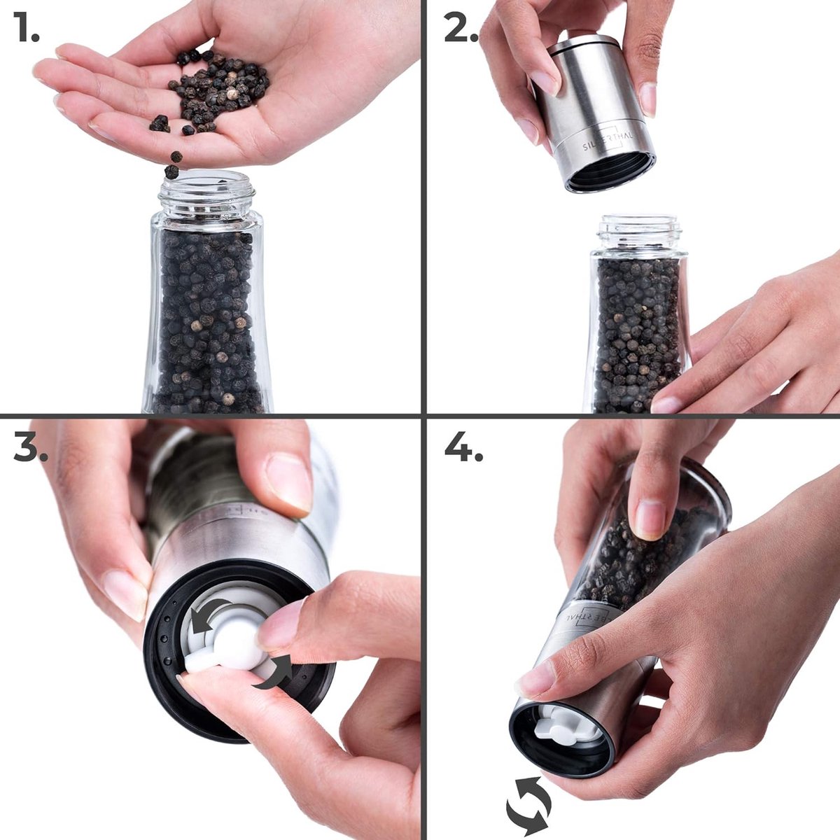 Set Moulins A Sel Et A Poivre Manuel 2 pièces – Taille De La Mouture Réglable – Verre Borosilicate Et Acier Inoxydable - Salière Et Poivrière Vides - Moulin À Épices