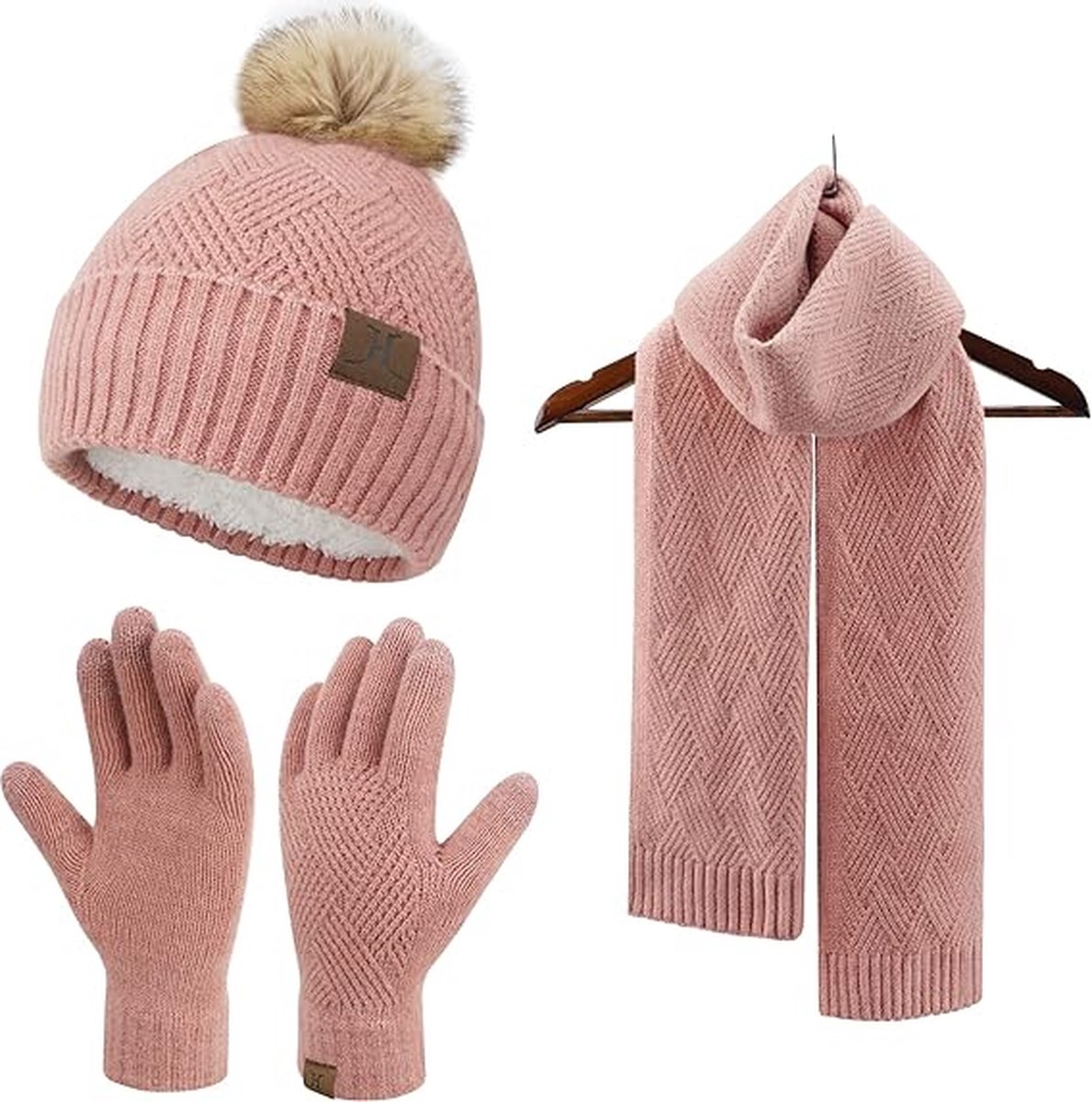 Warme winterset - Roze - Beanie met pom pom, lange sjaal, touchscreen handschoenen - Fleece gevoerde muts volwassenen - Black Friday 2023 - Kerstcadeau