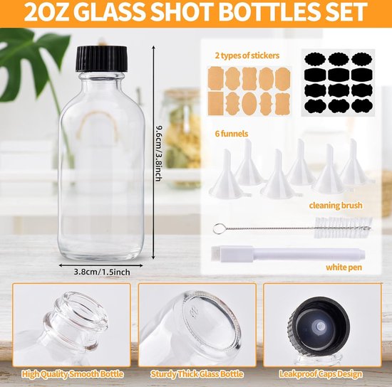 9 stuks shotflessen om te vullen met deksel, 60 ml glazen flessen met borstel, etiketten en pen, kleine glazen flessen, drankflessen, sapflessen, gember, shotflessen voor sap, smoothie, melk