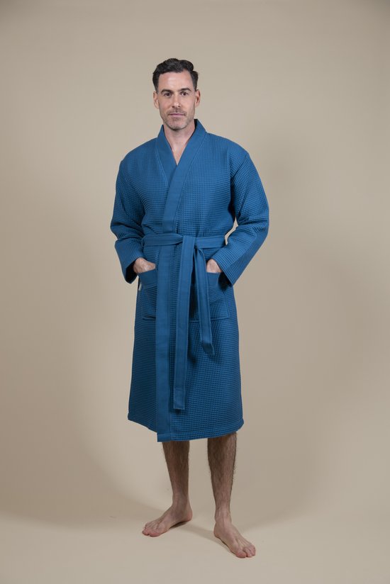 Lovasy Badjas Dames Wafel Piqué 3/4 Mouw Saunajas Wafel Brei Kamerjas Zachte Lichtgewicht Knielange Loungewear Met Riemzakken Groen L