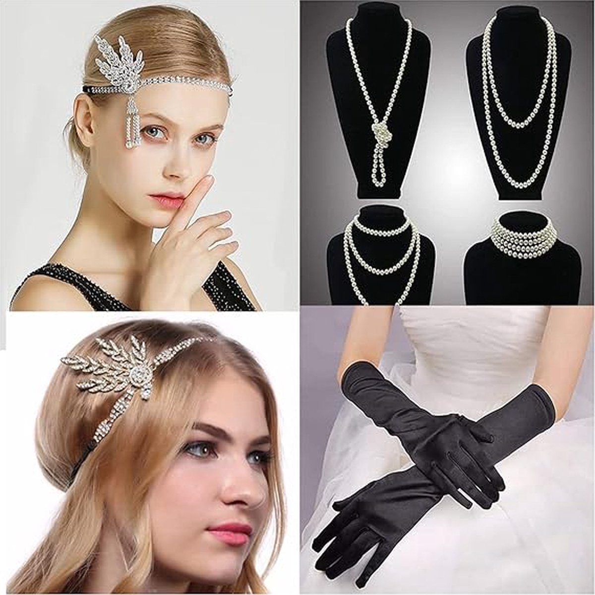 SKHAOVS 1920s Accessoires de Déguisement Headband Plume, 1920s Bandeau Plume Gatsby Flapper Accessoires Charleston Bandeau Vintage, Années 1920 Ensemble d'Accessoires, pour Halloween (2 Pièces
