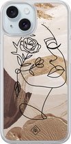 Casimoda® hoesje - Geschikt voor iPhone 15 - Abstract Gezicht Bruin - 2-in-1 case - Schokbestendig - Geometrisch patroon - Verhoogde randen - Bruin/beige, Transparant