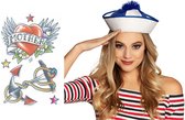 Costume de carnaval Chapeau de marin - blanc - avec tatouages ​​autocollants de marin - adultes - ensemble d'accessoires