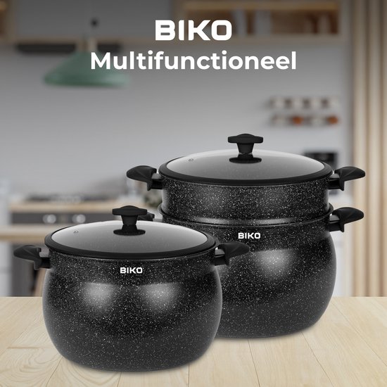 BIKO - Couscous pan - Stoompan - Marmeren coating - 6 Liter - Zwart