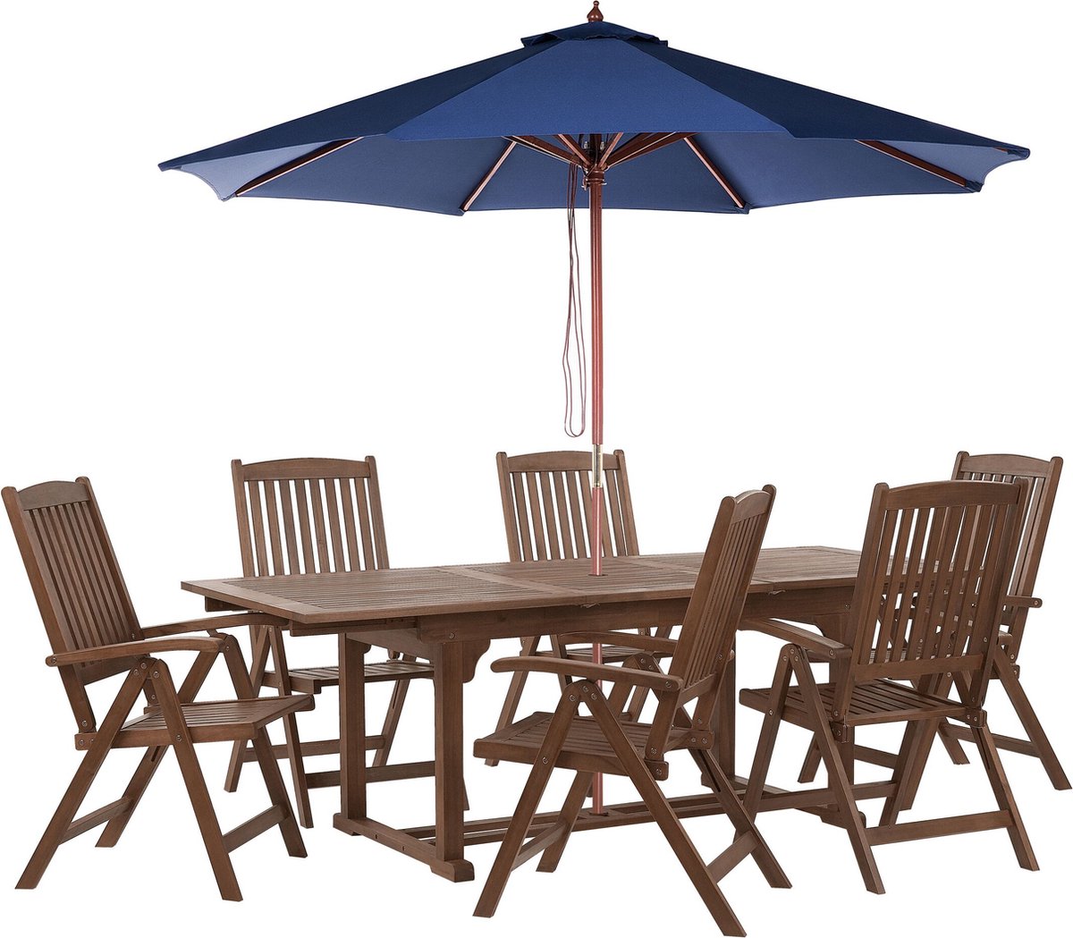 Tuinset voor 6 personen in donkere houtkleur met blauwe kussens.