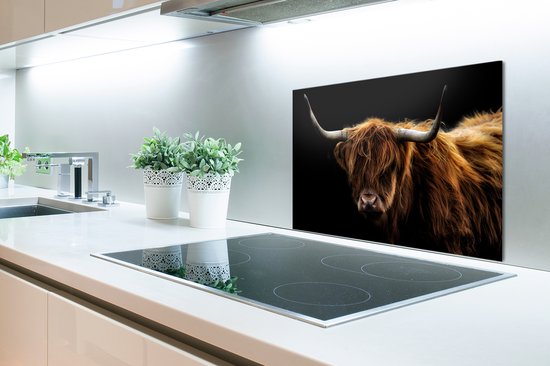 Spatscherm keuken 60x40 cm - Kookplaat achterwand Schotse Hooglander - Horens - Zwart - Dieren - Natuur - Wild - Koe - Muurbeschermer - Spatwand fornuis - Hoogwaardig aluminium - Alternatief voor glazen spatscherm