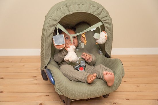 Baby in autostoeltje met speelgoedboog, grijpt schaapje.