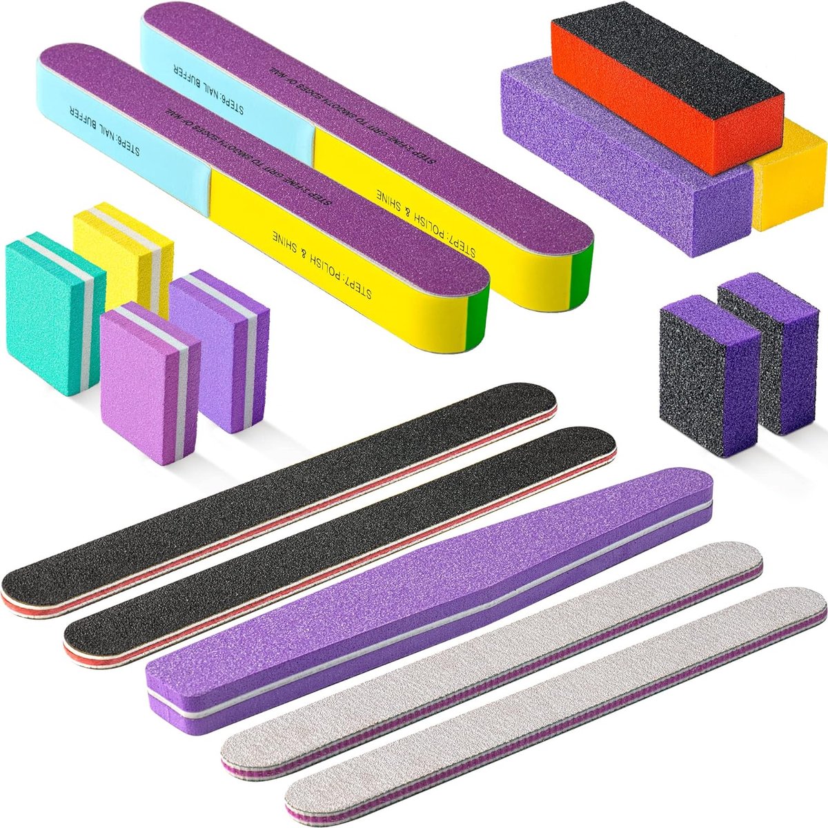 Goedkoopste 16 stuks nagelvijlen en buffers set - OVLUX Professional & Home Nail Buffer Block Tool Set - Dubbelzijdig 100/180 Grit Nagelvijlen voor natuurlijke nagels, 60/80 Grit Nail Buffer Blocks & 7 Stap Nail Strips