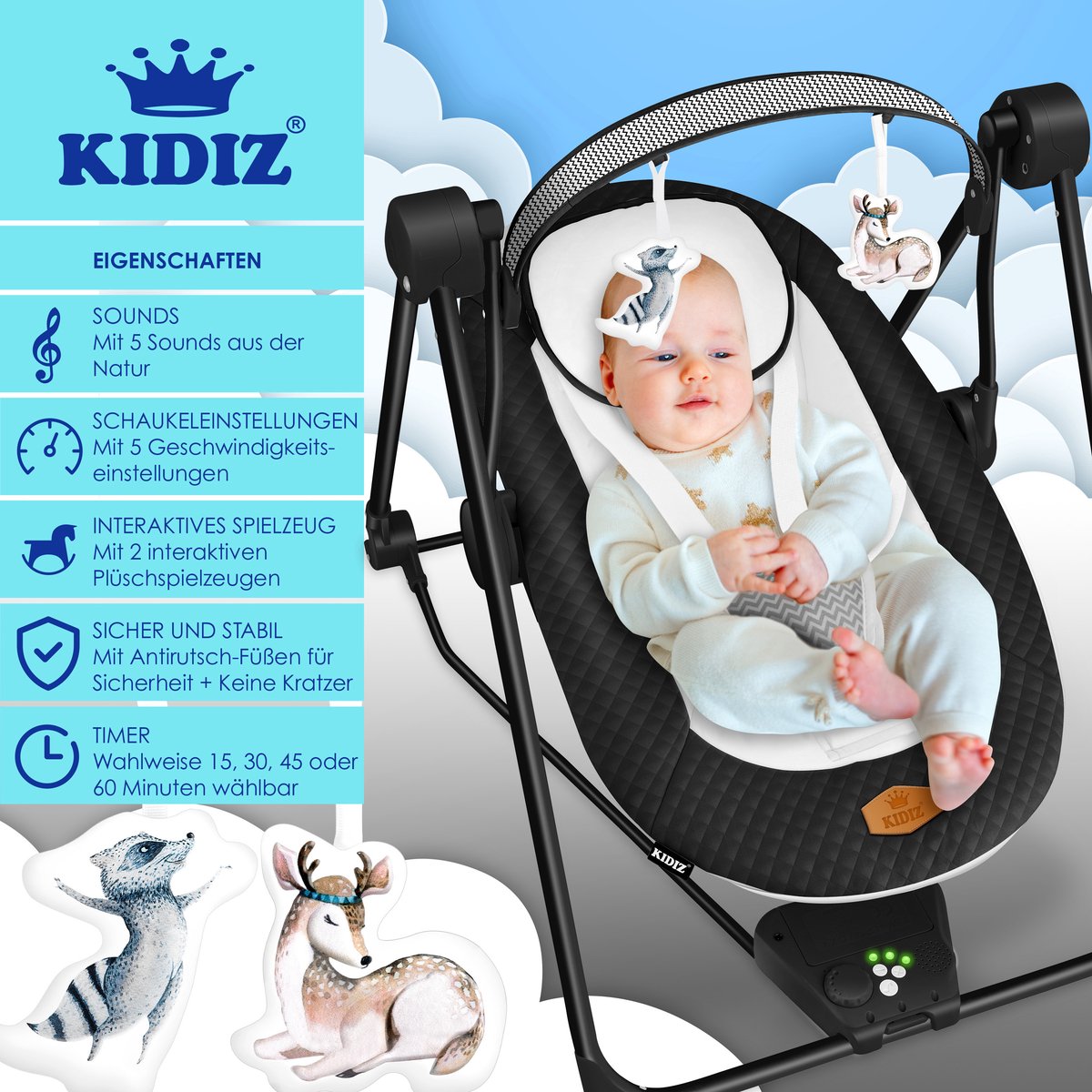 KIDIZ Wipstoel Baby Elektrisch Babyschommel tot max 9kg - Zwart thumbnail 5
